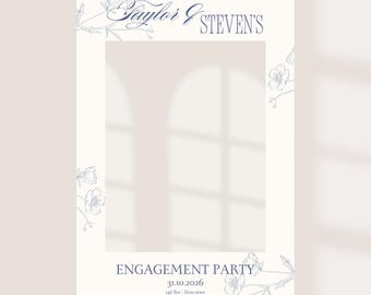 Personalised Engagement Party Selfie Frame | Custom Name, Date & Venue | Elegant Blue Floral Design | Engagement Party Photo Booth Prop