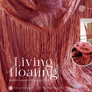 May include: A close-up of a pink hammock with fringe, with the text "Living floating" and "Mayan Hammocks Collection" printed on the fabric. The hammock is hanging in a room with wooden walls and a white ceiling.