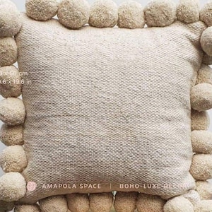Handwoven Wool Pillow Cover with Pompoms: Gray and Ivory colors / Mexican Hacienda Boho Decor