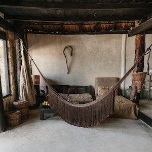 Handwoven Mayan Hammock: Greige Boho Hanging Chair with Pom Poms
