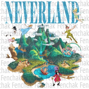 May include: A vibrant illustration of Neverland, showcasing Peter Pan, Tinkerbell, Captain Hook, and other characters. The word "NEVERLAND" is displayed in large, blue, distressed font across the top. The image depicts a map of the island with a pirate ship, mountains, and a rainbow.