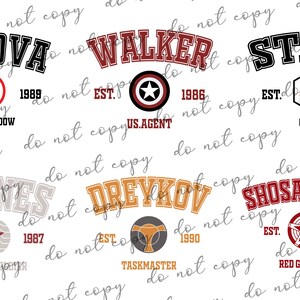 May include: A white background features several arched text designs with character names like "Belova," "Walker," and "Starr." Each design includes a character symbol, the year of establishment, and the character's alias.