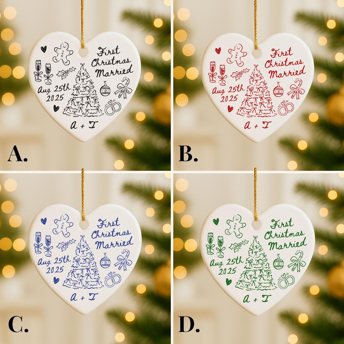 First Christmas Married Ornament, Mr and Mrs Ornament, Personalized Married Gift for Newlywed Couple, Custom Wedding Date Ornament Doodle - Etsy