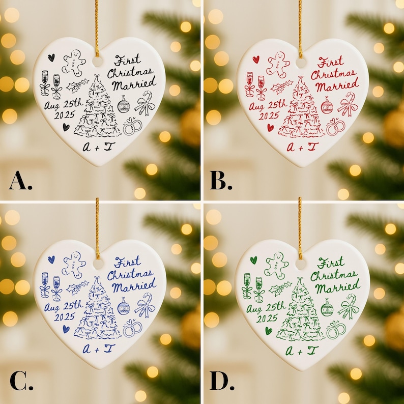 First Christmas Married Ornament, Mr And Mrs Ornament, Personalized Married Gift For Newlywed Couple, Custom Wedding Date Ornament Doodle