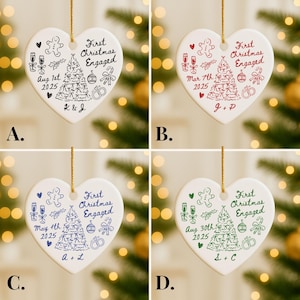 May include: Heart-shaped ceramic Christmas ornaments with gold string for hanging. Each ornament features the text "First Christmas Engaged" and other details, including dates, initials, and festive illustrations in various colors.