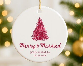 Merry And Married Ornament, Our First Christmas Married Ceramic Ornament, Personalized Gift for Newlywed Couple, Custom Wedding Ornament