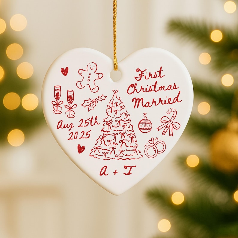 May include: A heart-shaped white ceramic Christmas ornament with red illustrations and text. The ornament features a Christmas tree, champagne glasses, and the words "First Christmas Married" and "Aug 25th 2025". A gold string is attached for hanging.