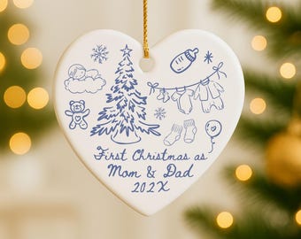 Mommy And Daddy First Christmas Ornament, Personalized New Parents Heart Ornament, Custom New Baby Gift, Mom And Dad Ornament Newborn Doodle