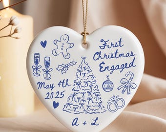 First Christmas Engaged Ornament, Personalized Engagement Gift For Engaged Couple Custom Engagement Date Ornament Doodle Mr And Mrs Ornament