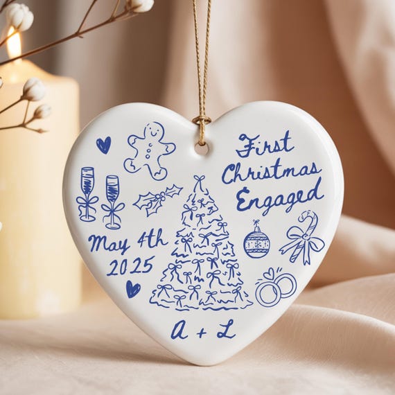 First Christmas Engaged Ornament, Personalized Engagement Gift For Engaged Couple Custom Engagement Date Ornament Doodle Mr And Mrs Ornament