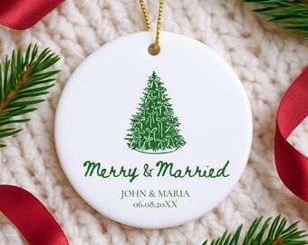 Merry And Married Ornament, Our First Christmas Married Ceramic Ornament, Personalized Gift for Newlywed Couple, Custom Wedding Ornament
