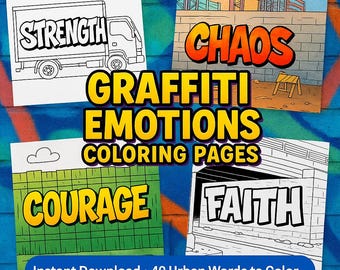 以下が含まれることがあります： 「Strength（力）」、「Chaos（混沌）」、「Courage（勇気）」、「Faith（信仰）」などの言葉が書かれた、グラフィティスタイルの塗り絵のコレクション。大胆なアウトラインと都会的な背景が特徴です。「Graffiti Emotions Coloring Pages」の文字も確認できます。「Instant Download • 40 Urban Words to Color」の文字も確認できます。