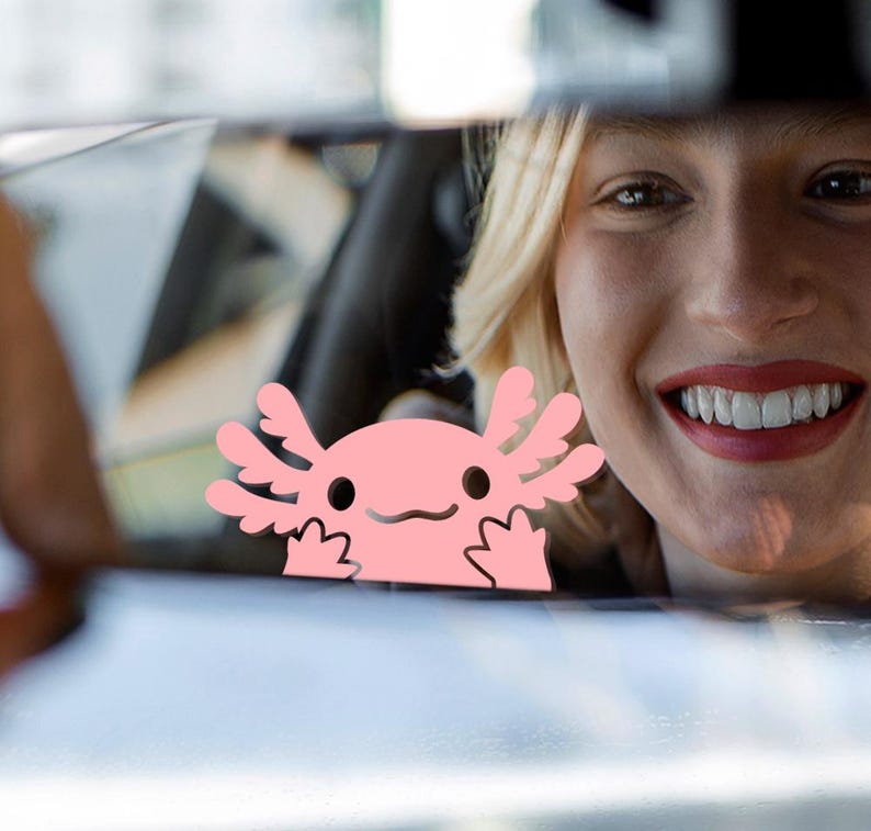 May include: A pink axolotl car sticker with a smiling face and frilly gills. The sticker is seen through a car window, with a smiling person in the background.