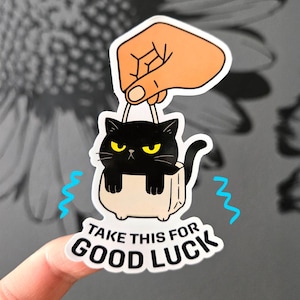 Lucky Black Cat Vinyl Sticker: Funny Good Luck Decal for laptop, water bottle, journals | Gift for Cat Lover, Cute Weatherproof Sticker