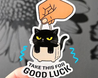Lucky Black Cat Vinyl Sticker: Funny Good Luck Decal for laptop, water bottle, journals | Gift for Cat Lover, Cute Weatherproof Sticker