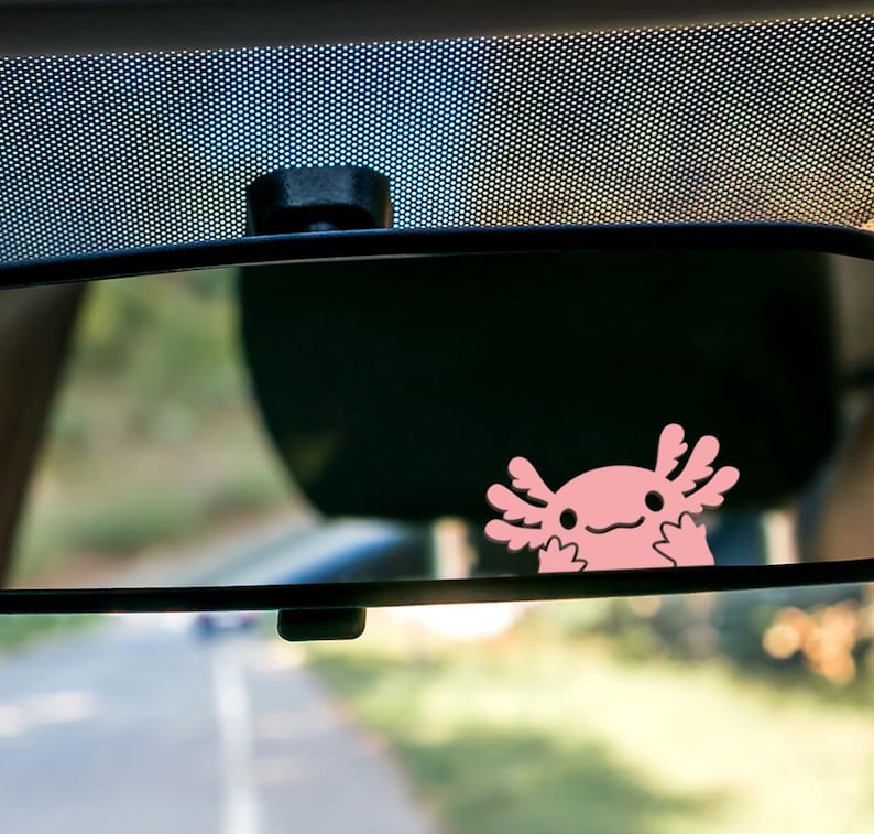 May include: A pink axolotl car charm is seen in a car's rearview mirror. The charm is a stylized illustration of the aquatic salamander. The charm is attached to the mirror's frame.