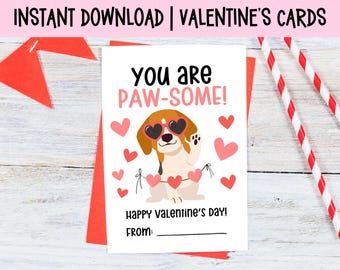 Afdrukbare hond Valentijnsdagkaarten, voorschoolse valentijn, Valentijnsdagkaarten in de klas voor kinderen, Valentijnsdag cadeaukaartjes, direct downloaden