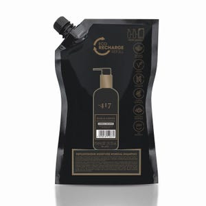 May include: Black refill pouch for Sensual Essence shampoo. The pouch features a pump dispenser and gold accents. The label reads "-417" and "750ML / 25.35 oz". The pouch is labeled as an Eco Recharge Refill.