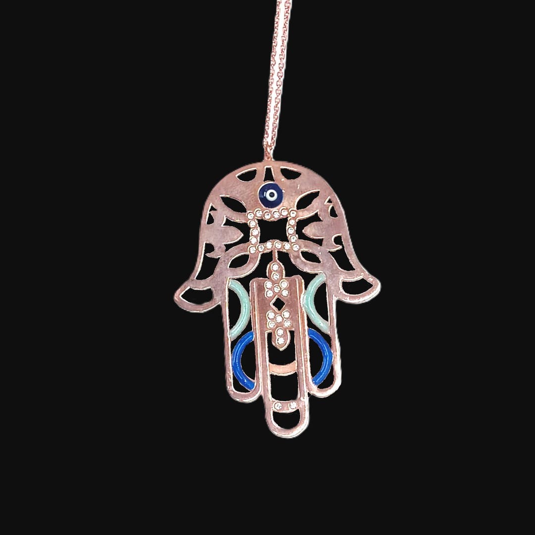 925 Silver - Ornate Hamsa Hand Necklace – With Enamel & Crystal