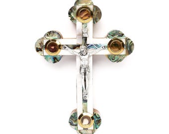 Mother of Pearl Roman Cross_ Abalone Shell with Crucifix and Four Holy Objects Lens