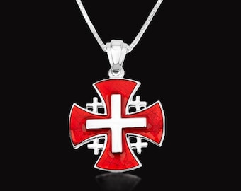 Jerusalem Engraved Cross Made of Sterling Silver Covered in Red Enamel,Handmade Jewelry