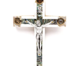 Mother of Pearl Latin Cross_ Silver Oxide Crucifix and Four Holy Objects Lenses