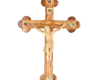 Olive Wood Cross_ All Wood Crucifix with Four Holy Objects Lenses