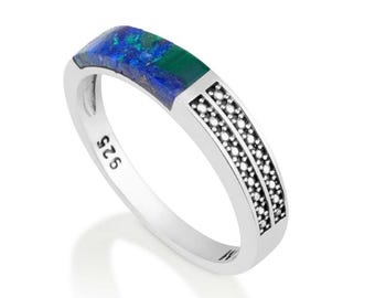Sterling silver ring with Eilat stone in the form of two cross lines of diamond shaped