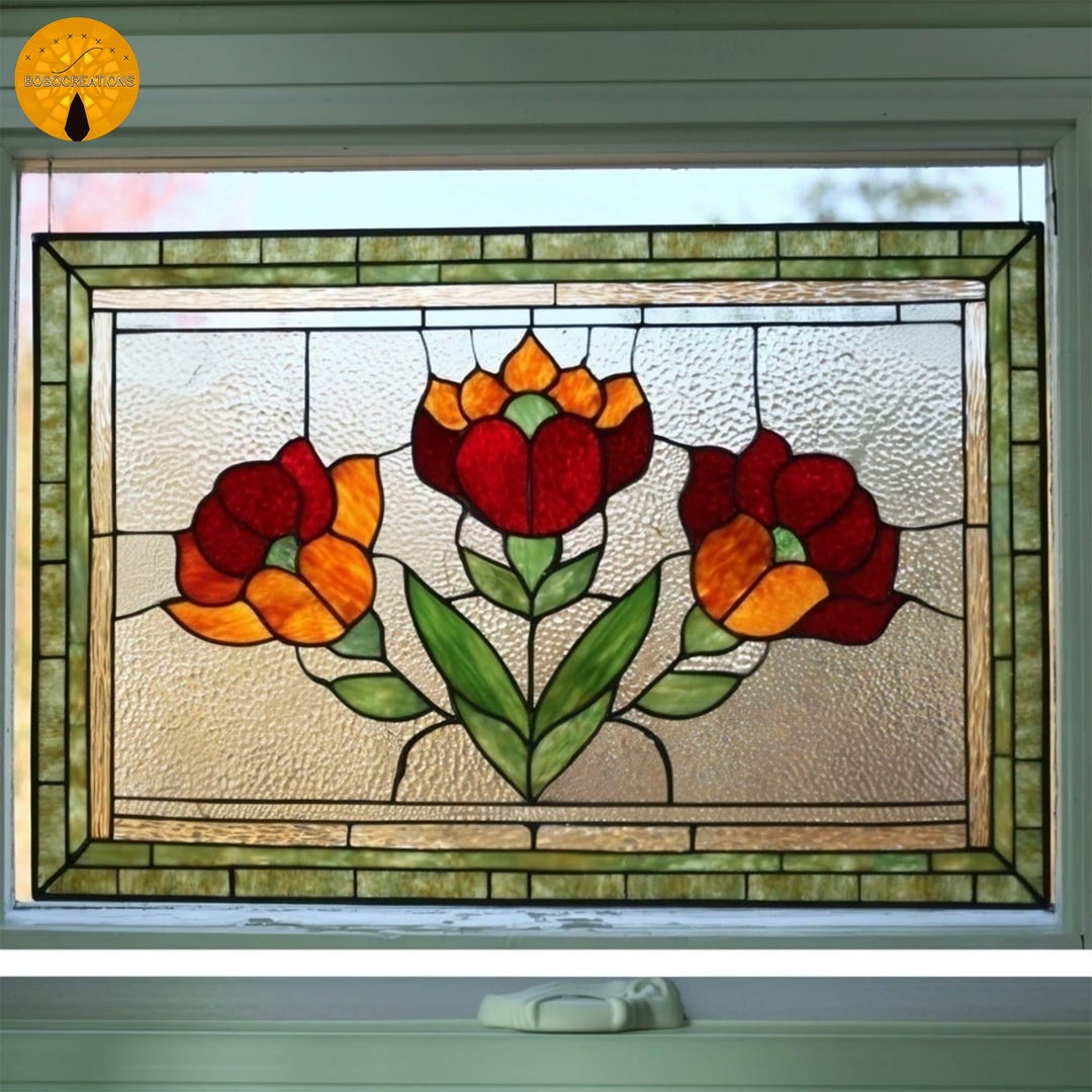 Window Flower Glass PNF203 Tulip Flower Stained Glass Pattern – Elegant Floral Window Panel ...
