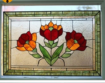PNF203 Tulip Flower Stained Glass Pattern – Elegant Floral Window Panel Design for DIY Home Decor and Handmade Craft Lovers