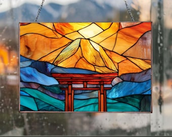 Mount Fuji - Honshu, Japan: Stained Glass Style Window Hanging