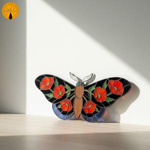 Può includere: Una farfalla decorativa con ali nere decorate con fiori di papavero rossi e foglie verdi. La farfalla ha un corpo marrone e accenti blu sulle ali inferiori. L'opera d'arte è esposta su una superficie chiara.