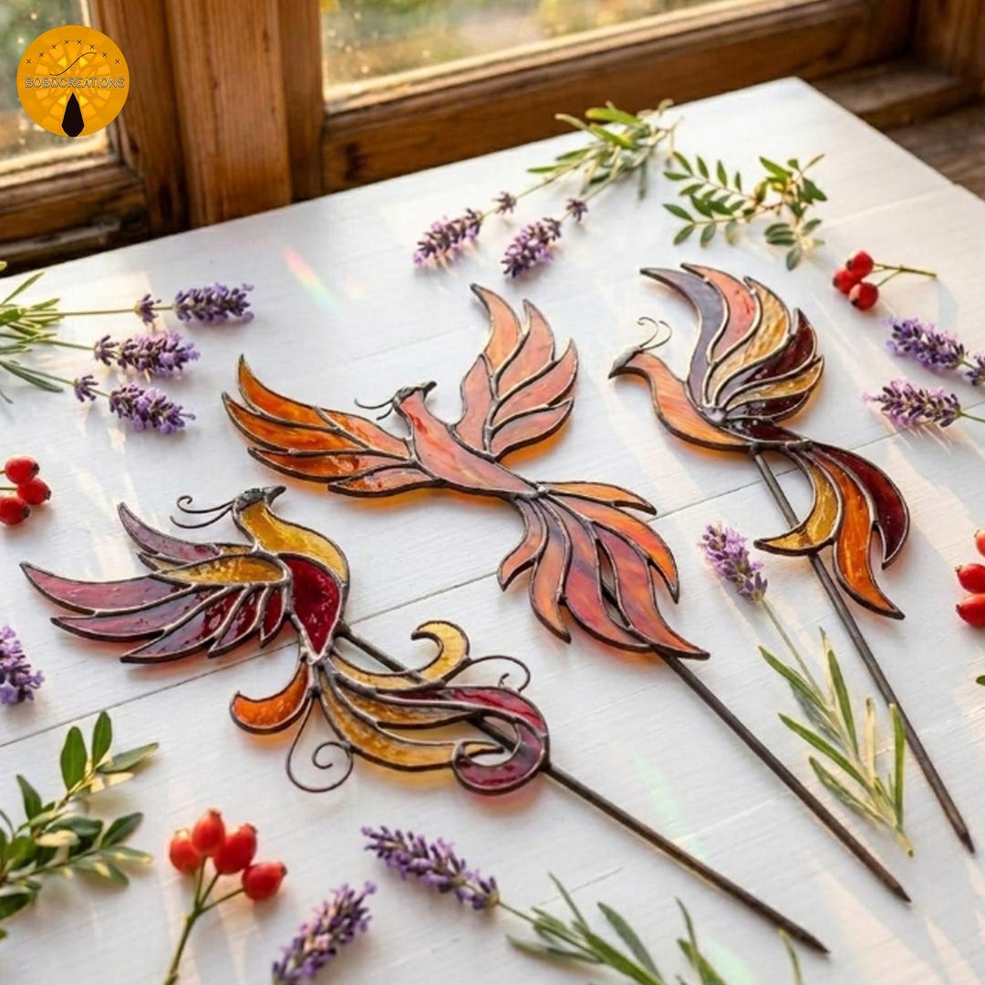 Staked Pattern BBT245 Phoenix Plant Stake Pattern PDF, Stained Glass Fire Bird Garden ...