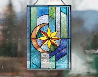 NP61  Moon and star  Stained Glass Pattern Digital Download, Moon Suncatcher Stained Glass Pattern, DIY Mountain landscape