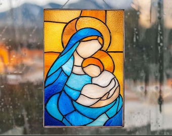マドンナ&チャイルド 聖母マリア キリスト 天使 ヴィンテージ ステンドグラス 聖母マリアとイエス・キリスト Madonna and Child ステンドグラス