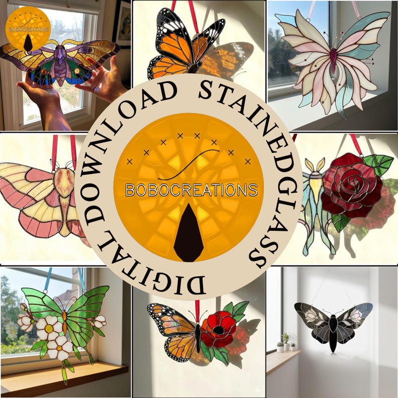 May include: A collection of stained glass butterfly and moth designs in various colors, including orange, black, pink, and green. The designs are hanging with red ribbons. The image also includes a central logo with the text "BOBOCREATIONS".