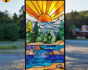PNF30 motif vitrail montagne Sunrise – aménagement paysager lac, modèle numérique pour attrape-soleil DIY, art en verre nature PDF SVG