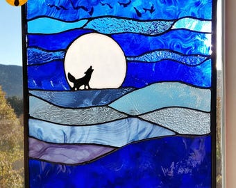 PNF42 Wolf Moon Stained Glass Pattern – Night Sky Landscape Design, Digital Template for DIY Suncatcher, Animal Glass Art PDF SVG