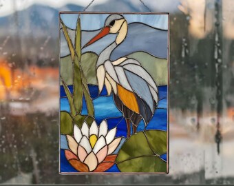 PB259 Stained Glass Blue Heron Garden Bird Art Decor Handcrafted Colorful Bird Window Decor Wall Art Digital Download Glass DIY