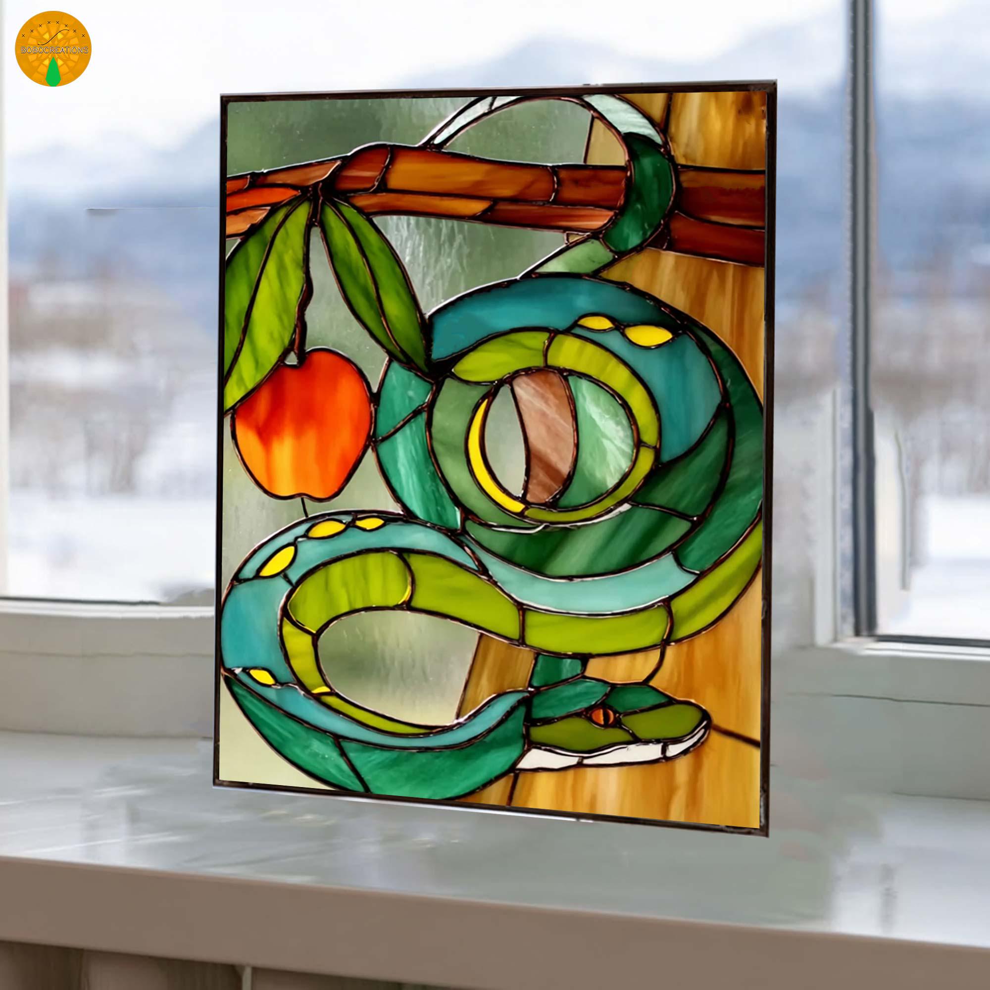 PB95 ヘビ ステンドグラス アート サンキャッチャー 毒蛇 リンゴ 蛇 蛇