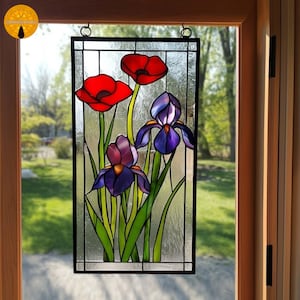 PNF164 Mönster med iris och vallmo i målat glas – Blommig fönsterpaneldesign i Tiffany-stil för gör-det-själv-glaskonstnärer och heminredning