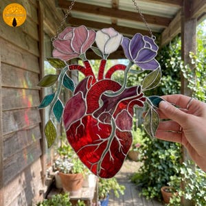 MT134 Anatomical Heart Stained Glass Pattern, Floral Heart Suncatcher SVG, Gothic Anatomy Glass Art Template, Digital Download PDF PNG