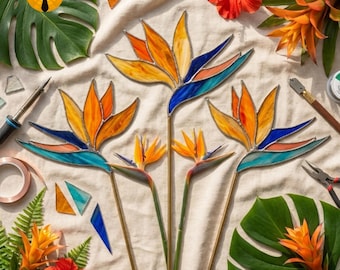BBT263 Oiseau de paradis, motif de piquet de plante PDF, décoration de jardin tropicale en vitrail à faire soi-même