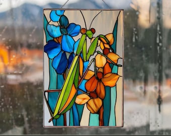 PB59 Mantis y flores, vitrales, decoración para el hogar y el jardín, regalo para colgar en la ventana, atrapasol, decoración para el hogar, patrón para el hogar, atrapasol, decoración de vidrio, bricolaje