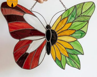 BBT104 Patrón de vidriera de girasol y mariposa, atrapasoles colorido para ventana (PDF)