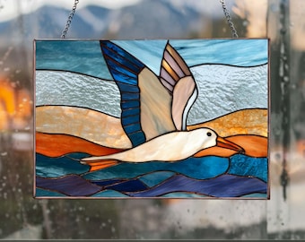 PB176 Decorazione in vetro colorato con motivo a gabbiano, regalo fatto a mano per giardiniere, regalo per amanti degli uccelli, decorazione per la casa in stile fattoria, download digitale, vetro fai da te
