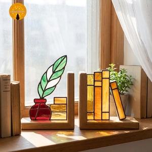 BBT107 Patrón de vidriera para amantes de los libros, decoración de pluma de biblioteca para sujetalibros (diseño en PDF)