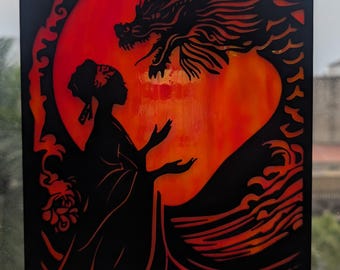 African woman and dragon  stained glass decoration window , home decor window hanging The beauty woman