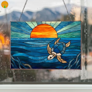 PB08 Sea turtle and Sunset Stained Glass Pattern stained glass pattern file mountain panel pattern for DIY glass art