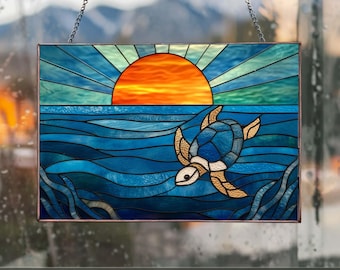 ウミガメのステンドグラスパターン：海洋生物の装飾（PDF